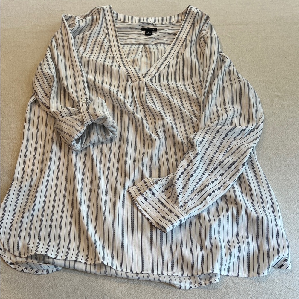 Ann Taylor White Blouse with Black & Gray Pinstripes